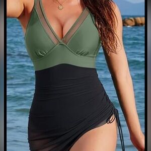 Source Unknown Olive Green & Black One-Piece Swimdress, Ruching On Side XXL